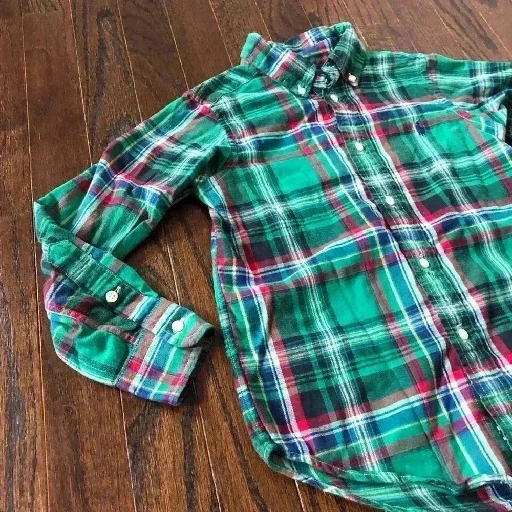 Ralph Lauren Boys 5 Green Plaid Oxford Cotton Button-Up Shirt - VGUC!